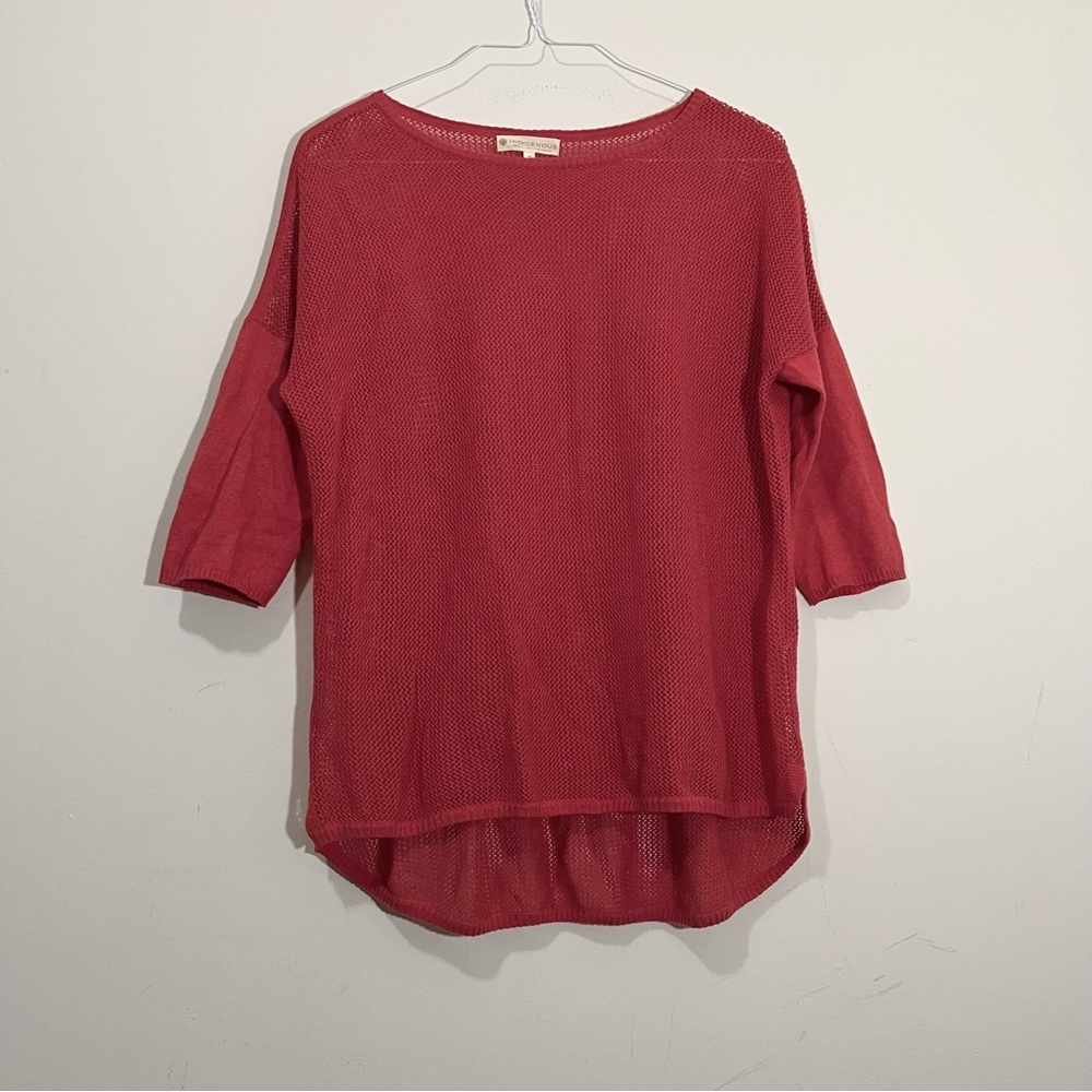 INDIGENOUS Open Knit Sweater Top Womens S 100% Organic Cotton Dusty Red Beachy